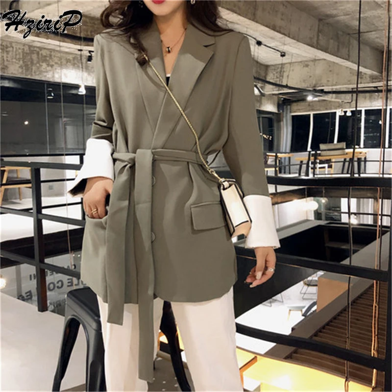 Женский блейзер с поясом HziriP винтажный облегающий для офиса на осень 2018 3 вида