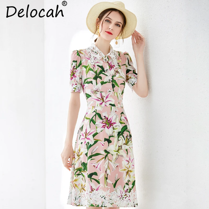 Delocah, новинка, женское весенне-летнее платье, подиумная мода, короткий рукав, шнуровка, цветочный принт, Элегантные повседневные праздничные миди платья