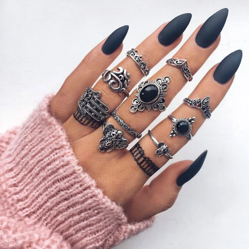 Bohemian Ring Retro Female Animal Palm Openwork Carved Black Imitation Gem Joint Set Of 10 Wholesale Popular | Украшения и