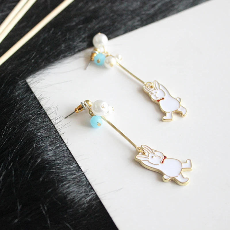 Doreen Box Alloy Stud White Rabbit Blue Beads Fashion Jewelry Animals Series Cut Earrings For Women Girl 1 Pair | Украшения и