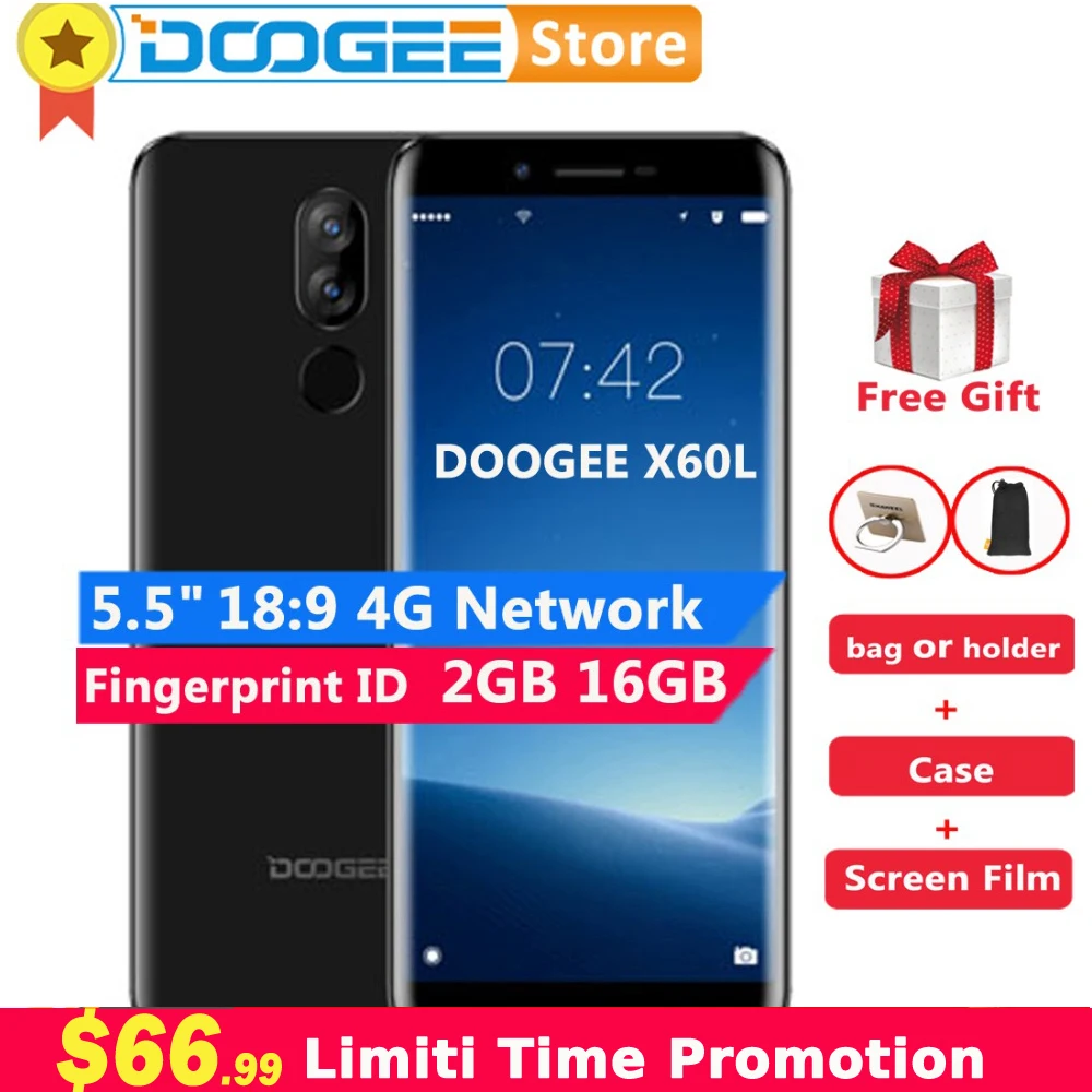 DOOGEE X60L 2 Гб 16 5 &quotHD 18:9 сотовый телефон Android 7 0 MTK6737 четырехъядерный 13MP две задние