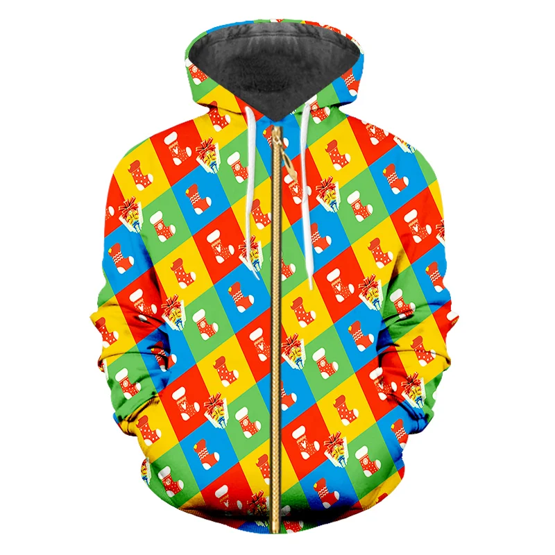 CJLM Christmas New Men's 3D Printed Colored Zip Hoodies Stockings And Gift Boxes Sports Large Size Spandex 5XL Clothing | Мужская