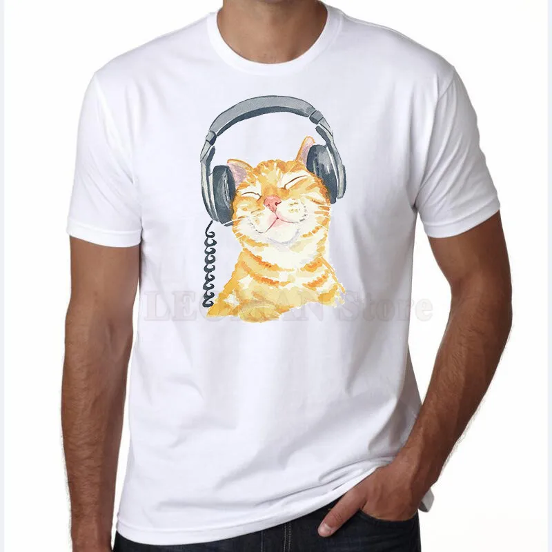 Leoman 2017 новые Для мужчин смешно Cat прослушивания музыки футболки летом прохладно