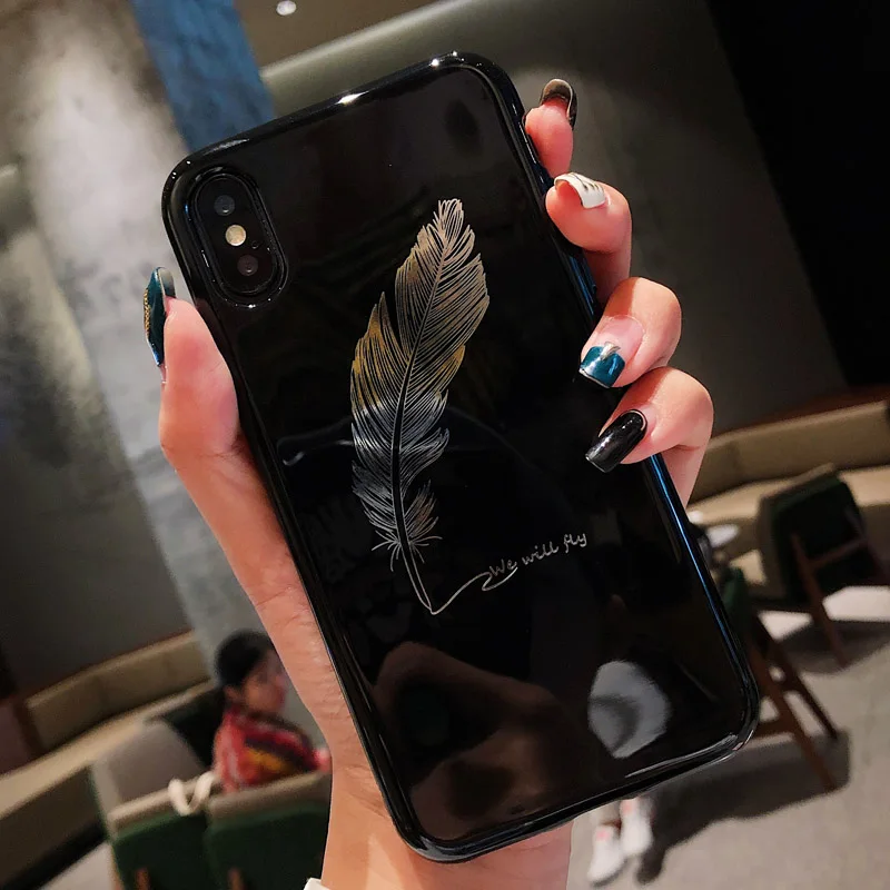 AC2091 Black USLION силиконовый чехол с перьями для iPhone 7 8 Plus 11 Pro Max XR Xs чехлы для телефонов с буквами для iPhone X 8 7 6 6S Plus Мягкий чехол из ТПУ - Цвет: AC2091 Black