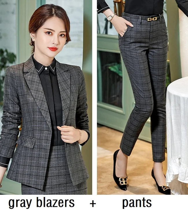 gray blazers pants Женские костюмы, тонкие весенние клетчатые блейзеры и брюки, комплект из 2 предметов, деловые Деловые женские брючные костюмы, женские костюмы 652 - Цвет: gray blazers pants