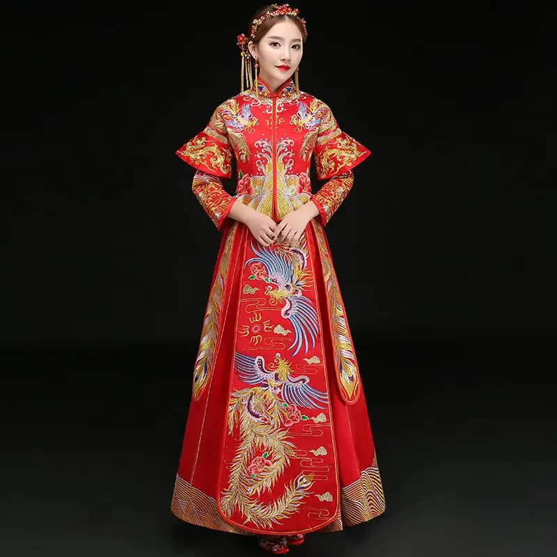 

China Traditional Wedding Qipao Dress Red Long Sleeve Cheongsam Embroidery Bride Banquet Chinese Style Dress Size S M L XL XXL