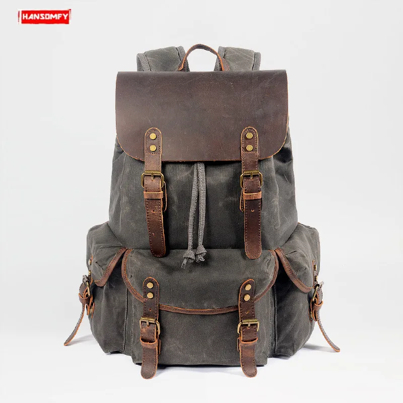 Kopen Mannen Rugzak Wandelen Schoudertas Vintage Mannen Waterdichte Tas Retro Outdoor Casual Reizen Rugzakken Met Rundleer Canvas