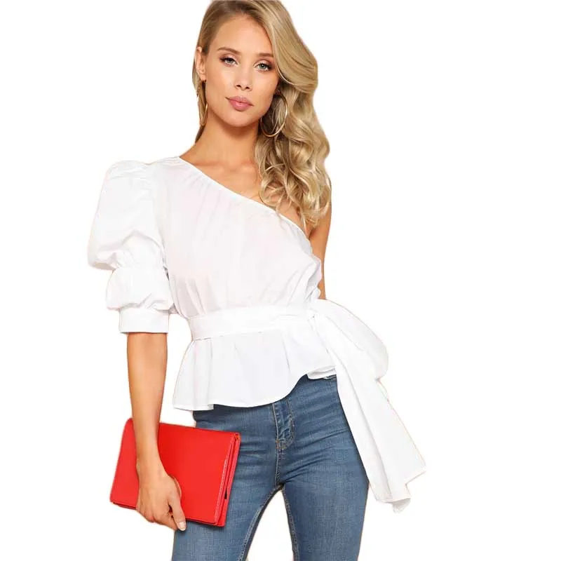 SHEIN Однотонный Топ На Одно Плечо С Пышными Рукавами И Поясом Женская Летняя Белая Элегантная Блузка С Средним Рукавом
