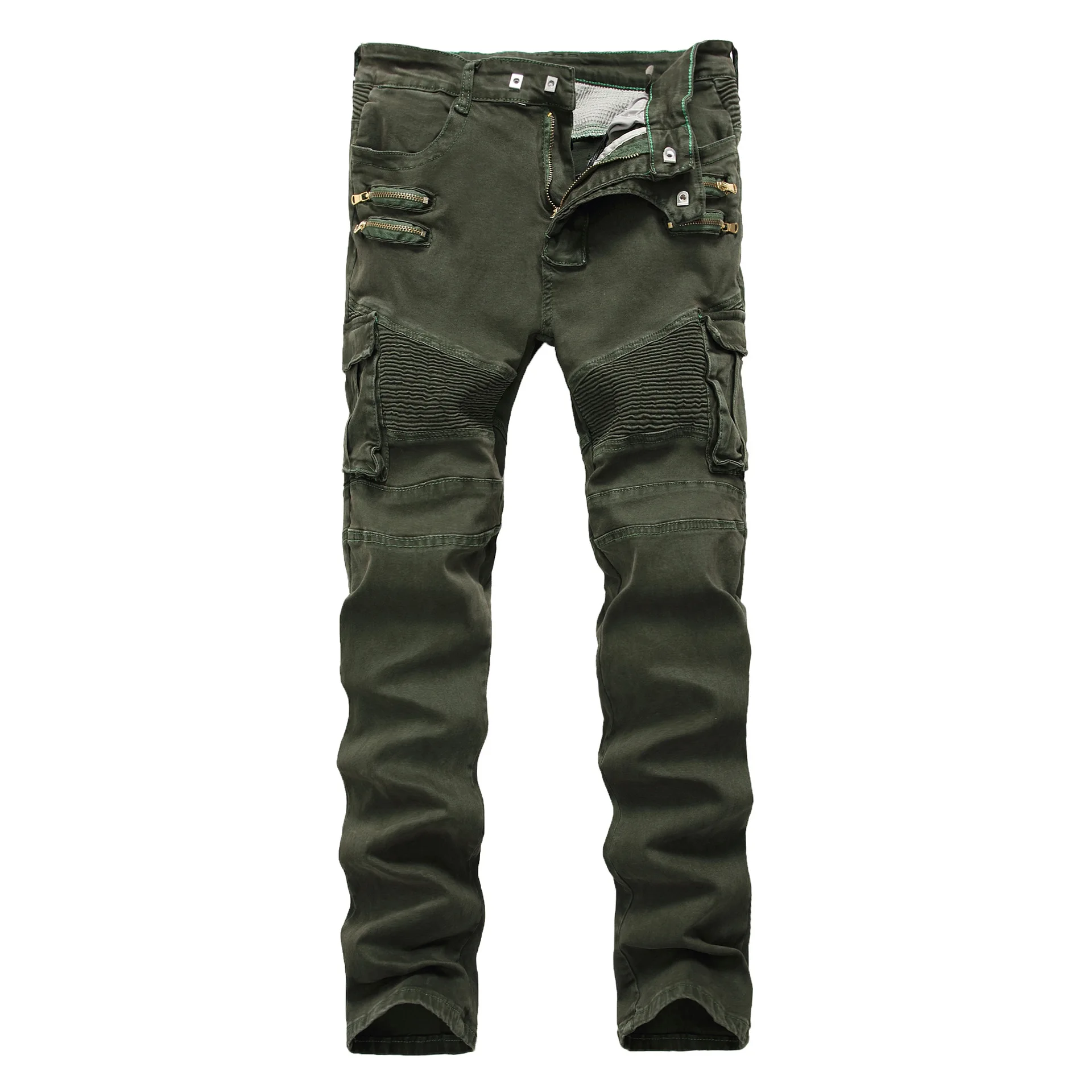 

Men's fashion Multi Pocket hole ripped jeans Casual Zipper patchwork straight slim Army green hip hop denim pants Long Jeans Men