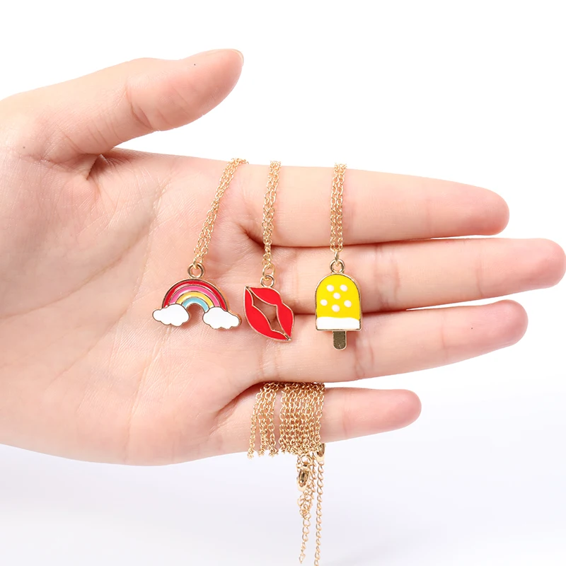 Small Cartoon Enamel Ice Cream Popsicle Necklace Colorful Rainbow Bridge Cloud Red Color Lip Chain Necklaces Women | Украшения и