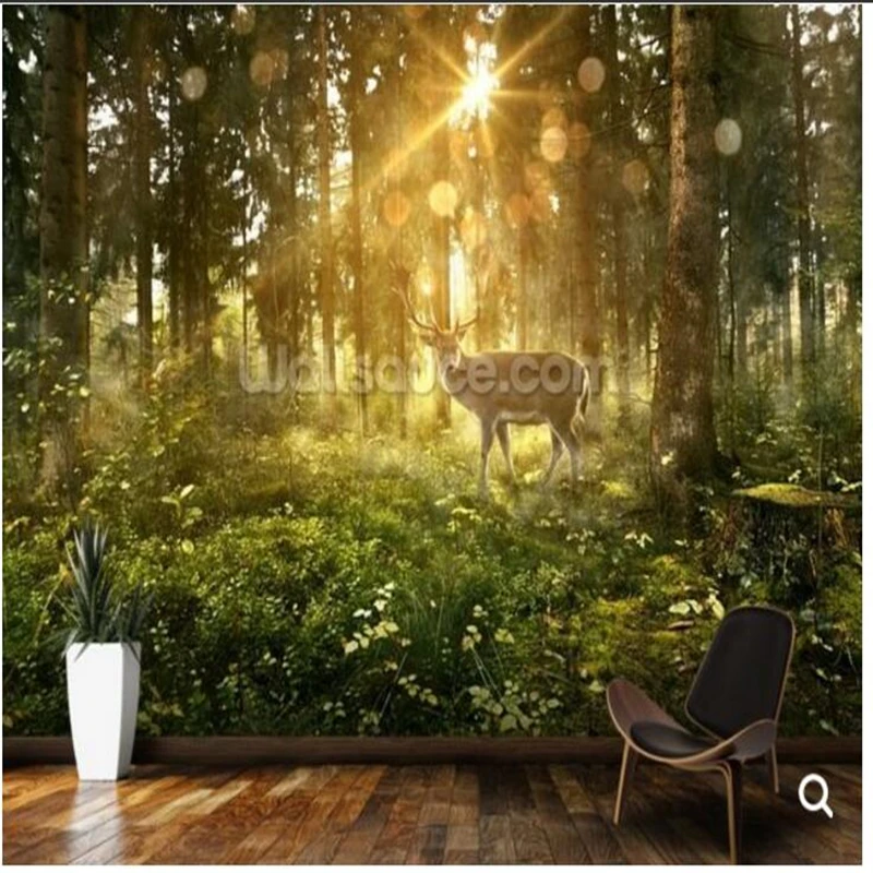 Детская комната обои солнце лес и олень природный пейзаж фрески для гостиной