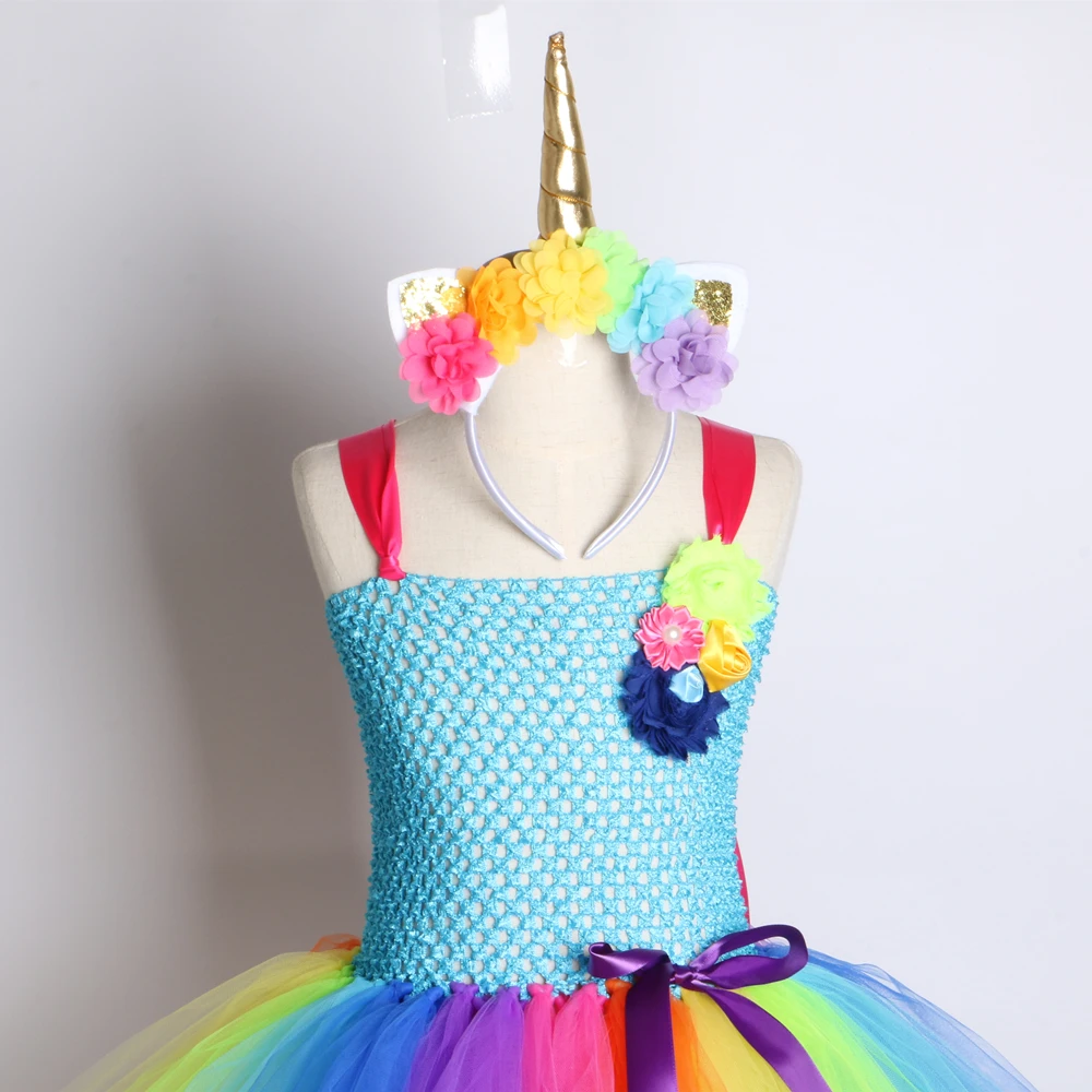 Rainbow Unicorn Girls Tutu Dress Tulle Flower Baby Girl Birthday Party Children Kids Halloween Pony Costume 2-12Y | Детская одежда и