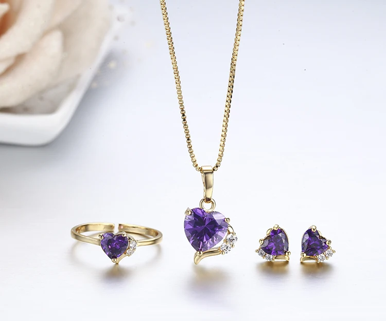 Симпатичные Золотой Цвет Lavendar Фиолетовый AAA CZ Сердце CZ кольцо, кулон Цепочки и ожерелья и Серьги Малый Ювелирные наборы для детей Обувь для девочек Дети