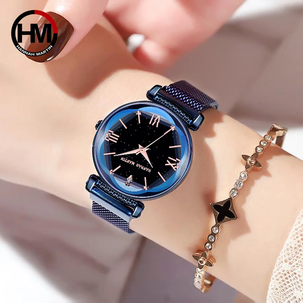 

women watch Japan Movement HM brand Starry Sky Rhinestones Stainless Steel Magnet Mesh Wristwatches Waterproof girl clock D7/D8