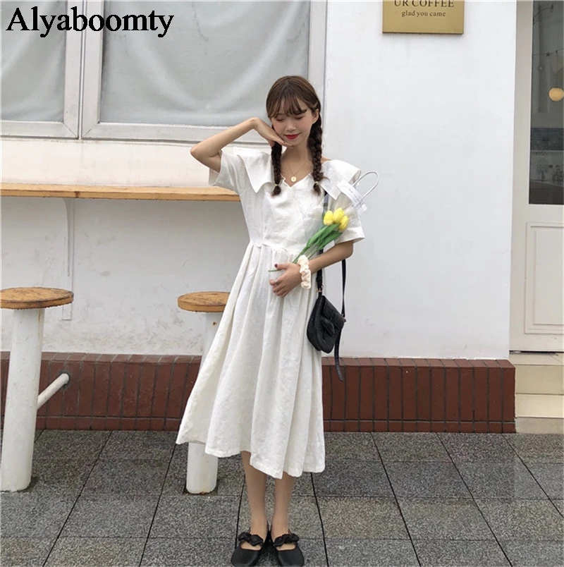 Японские Harajuku Летние Женские однотонные платья белые армейские зеленые