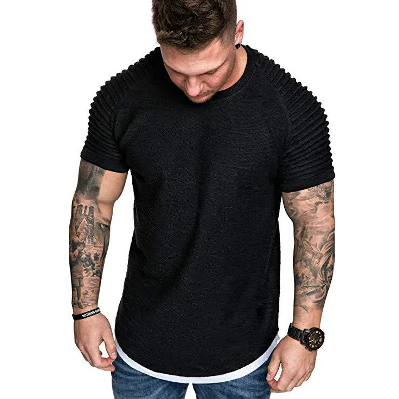 Модные мужские однотонные тонкие плиссированные топы с круглым вырезом футболки