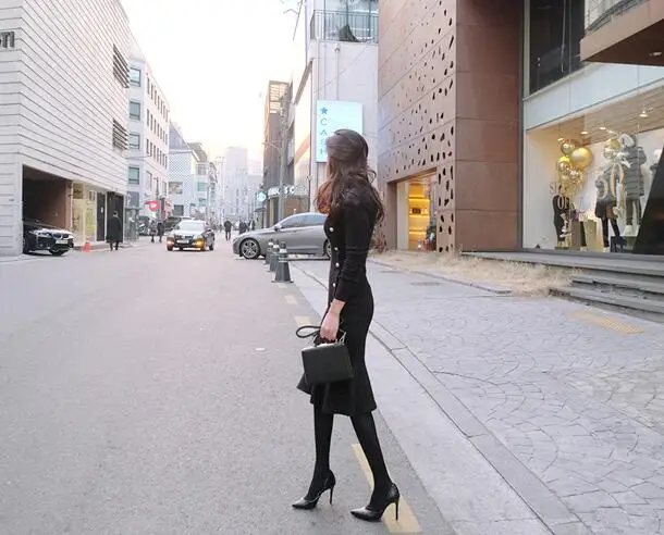 Сексуальное облегающее платье с нижней частью русалки зимнее черное однобортное