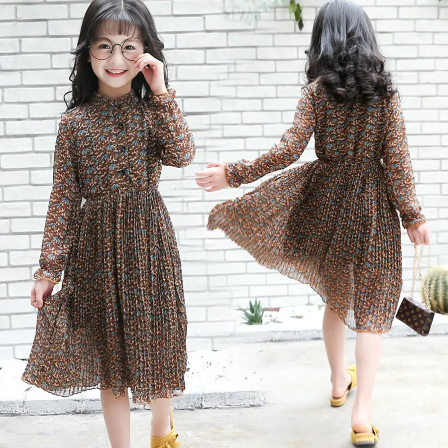 Summer Chiffon Long Sleeve Dress For Girls 8 9 10 11 12 13 14 Age Cute Holiday Dresses Teenage Print Flower Beach Children | Детская