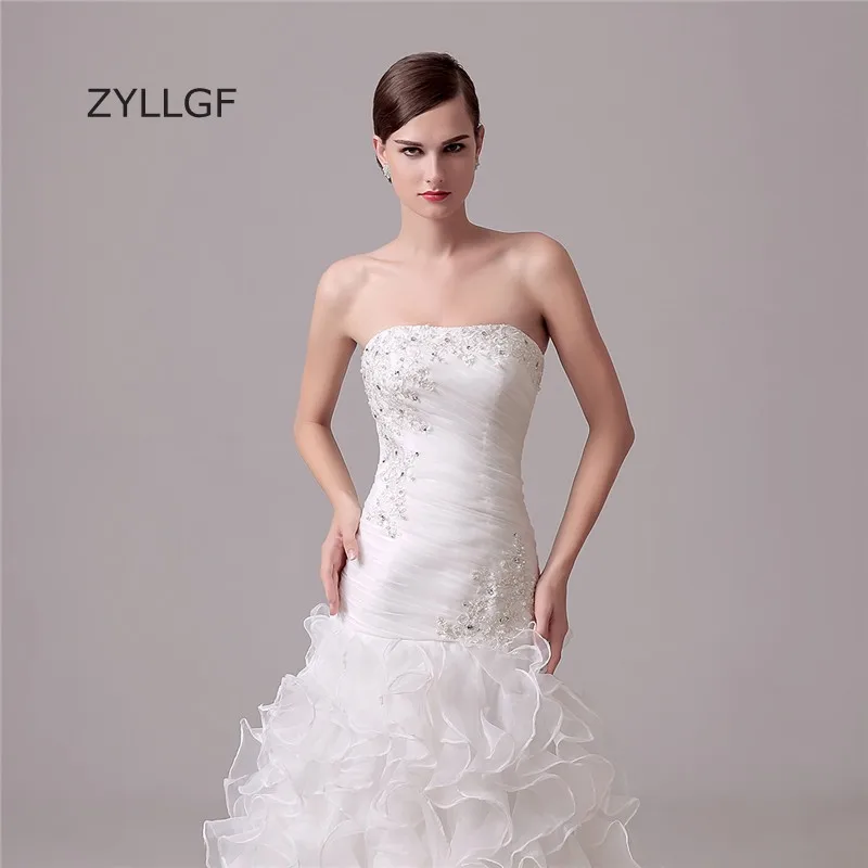 ZYLLGF Ruffles Organza Mermaid Wedding Dress Strapless Bridal Dresses Lace Up Back Vestido De Noiva 2017 With Beadings ZL9 | Свадьбы и