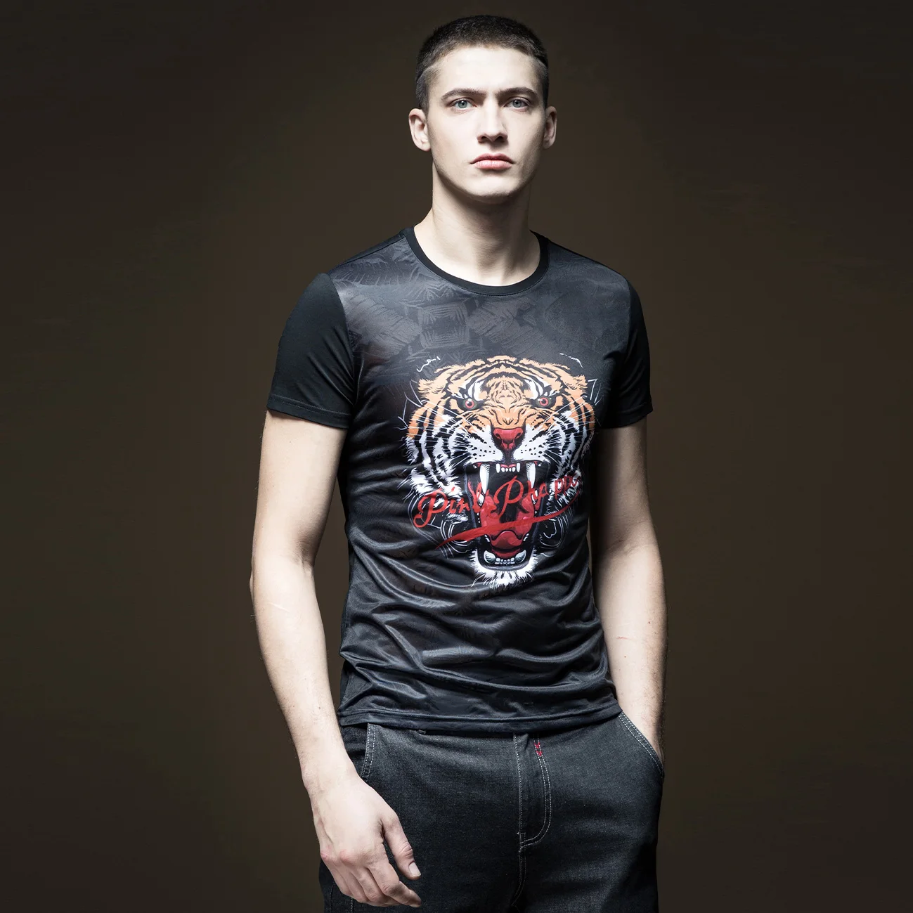 

Pinli Summer New O-neck Slim Anti-wrinkle Panel Tiger Printed Casual Men Short Sleeve T-shirt Fashion High Quality B182111055