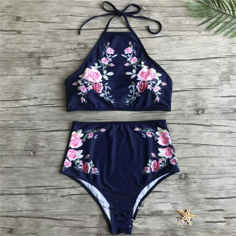 Бикини 2018 женский купальник с высокой талией для женщин черный принт топ через