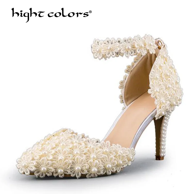 

Red Pink White Lace Flower Bridal Shoes 8CM High Heel Round Toe Wedding Pumps Ankle Straps Women Sandals Bridesmaid Shoes H-822