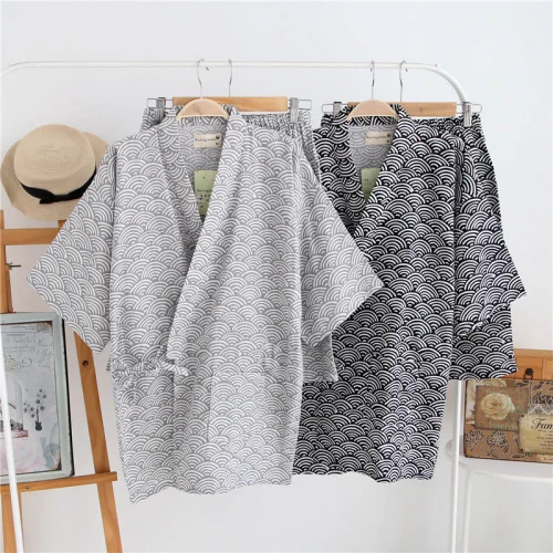 GRAY SHORTS Традиционные мужские японские пижамные комплекты, простое кимоно, халаты юката, костюмы, ночная рубашка, хлопковая пижама, халат, одежда для отдыха, домашняя одежда - Цвет: GRAY SHORTS