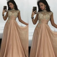 prom dresses 2019 high neck crystal beading a line tulle champagne evening dresses beaded