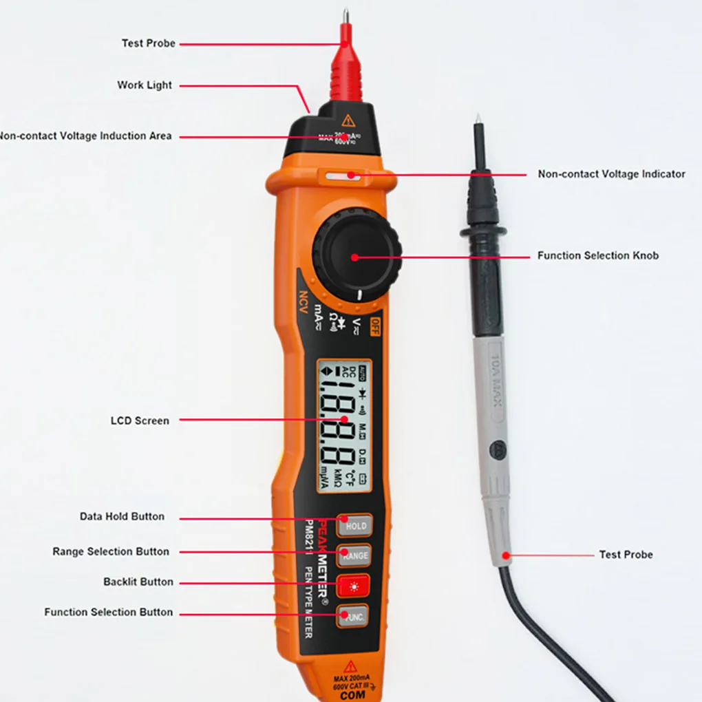 PEAKMETER MS8211 Ручка Тип Цифровой мультиметр Авто ручной диапазон Бесконтактный Напряжение Ток Ом детектор метр