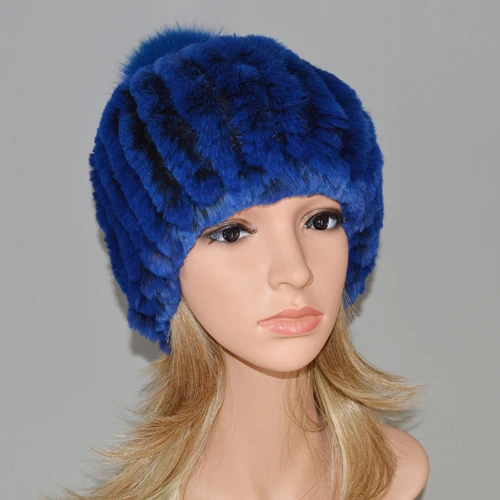 sapphire blue Новинка, женская шапка из меха кролика Рекс, зимняя шапка из меха кролика Рекс, шапка в полоску, настоящий большой мех лисы, теплый вязаный натуральный мех, шапка - Цвет: sapphire blue