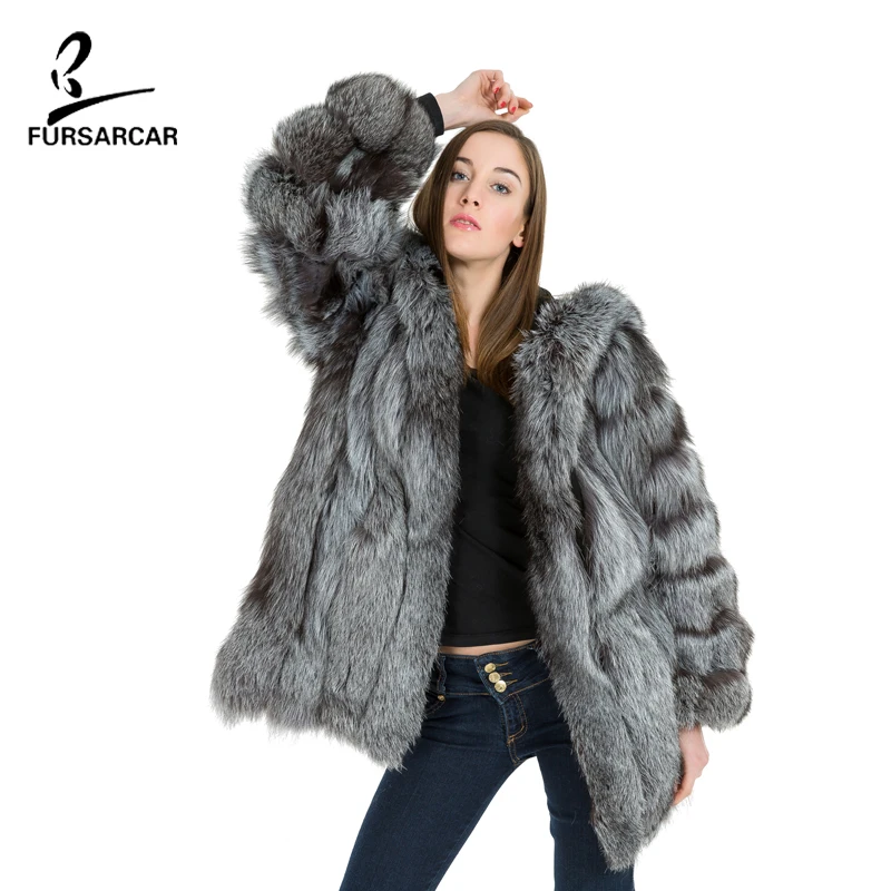 FURSARCAR модные элегантные Настоящее лисы меховой чёрно-серебристой цвет с шляпы и карман для пальто Толстые на теплом меху зимние женские пальто BF-C0060