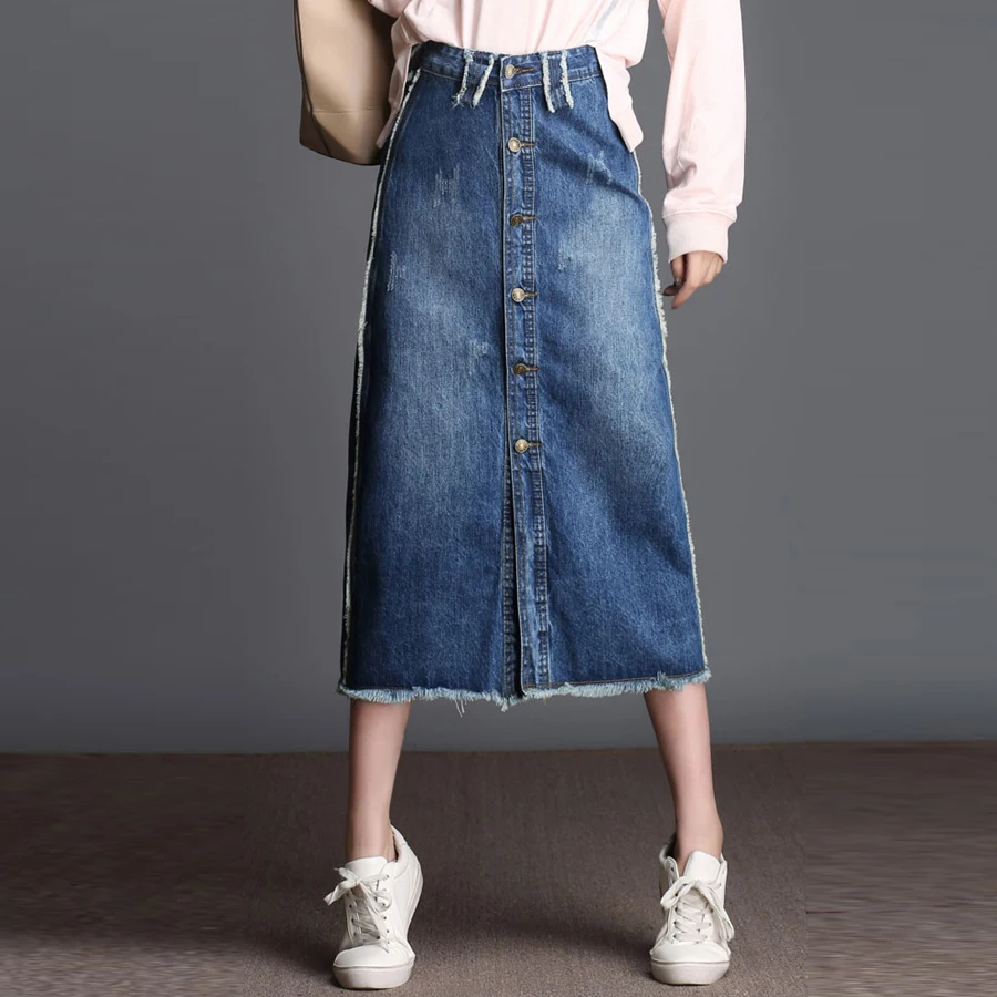 Юбка джинсовая женская рваная на пуговицах с бахромой завышенной талией