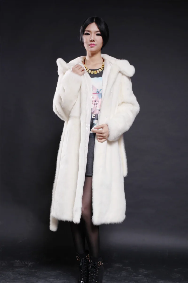 Натуральное меховое Норковое Пальто белое пальто 90 см с большим капюшоном модное