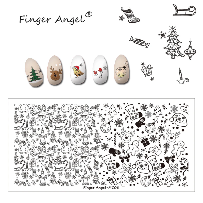 Finger Angel 1 шт. рождественские пластины для штамповки ногтей изображение штамп уникальный мультфильм Лось Снежинка 6*12 см DIY ногтей шаблон пластины