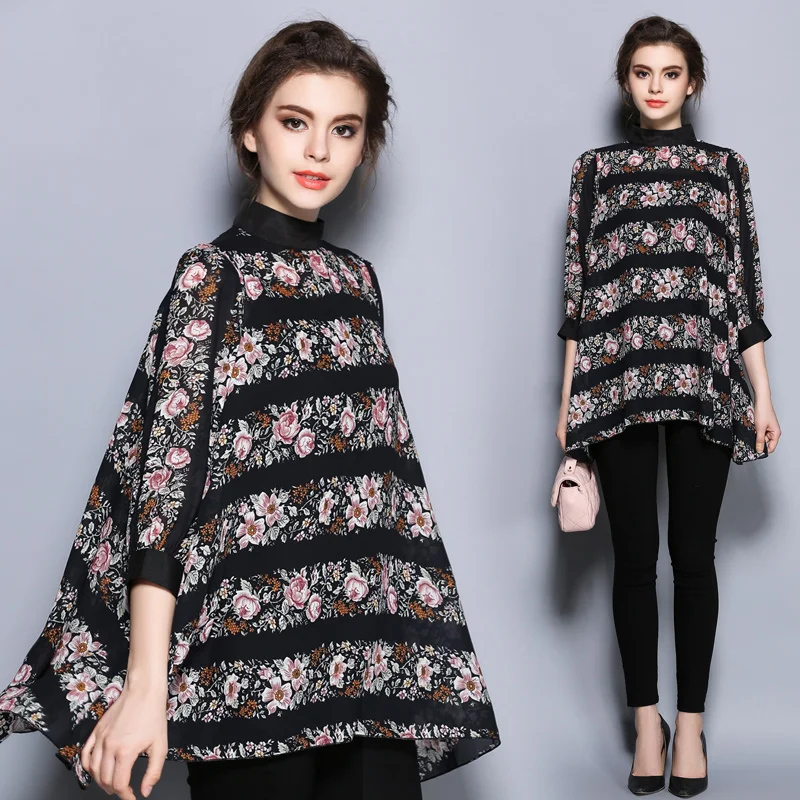 Женская блузка с рукавом летучая мышь Элегантная черная шелковая воротником