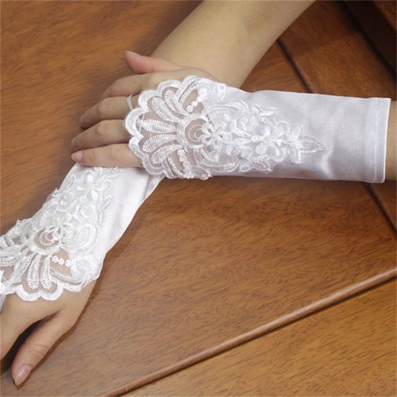 

Новейшие свадебные перчатки с аппликацией без пальцев Белый слоновой кости Красный Черный Эластичные Короткие Свадебные перчатки Модные с...