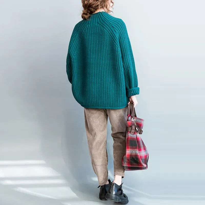 Женский теплый пуловер с высоким воротником Свободный вязаный свитер и длинным