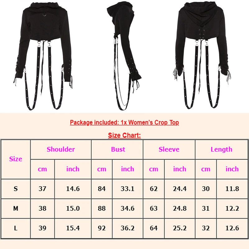 

Women's Sexy Long Sleeve Crop Tops Hoodie Short Tops Ladies Gothic Punk Hooded Sweatshirt Club Party Wear