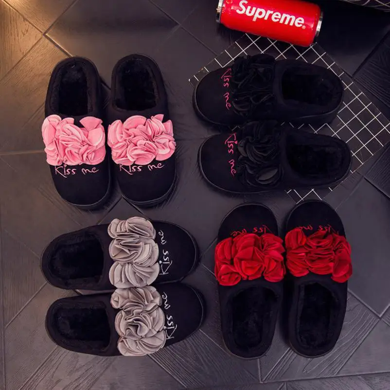 Хлопковые тапочки милые зимние домашние с цветочным принтом нескользящая обувь