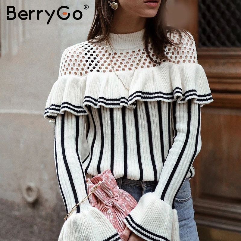 BerryGo Sexy hollow out ruffles knitted pullover Women casual striped sweater autumn winter 2018 Flare sleeve warm jumper female | Женская