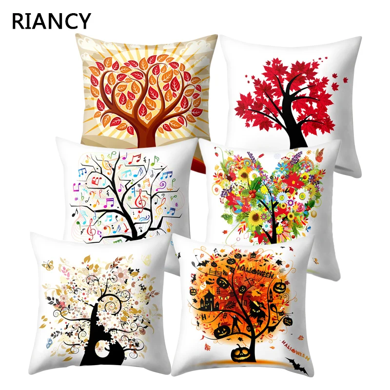 Разноцветный чехол для подушки с мультяшным принтом и деревом жизни 45*45