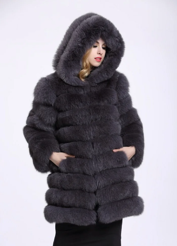 Пальто из искусственного меха, модное, casacas para mujer invierno, новинка, женское меховое пальто и куртка, пальто из лисьего меха, женское длинное пальто с капюшоном - Color: gray