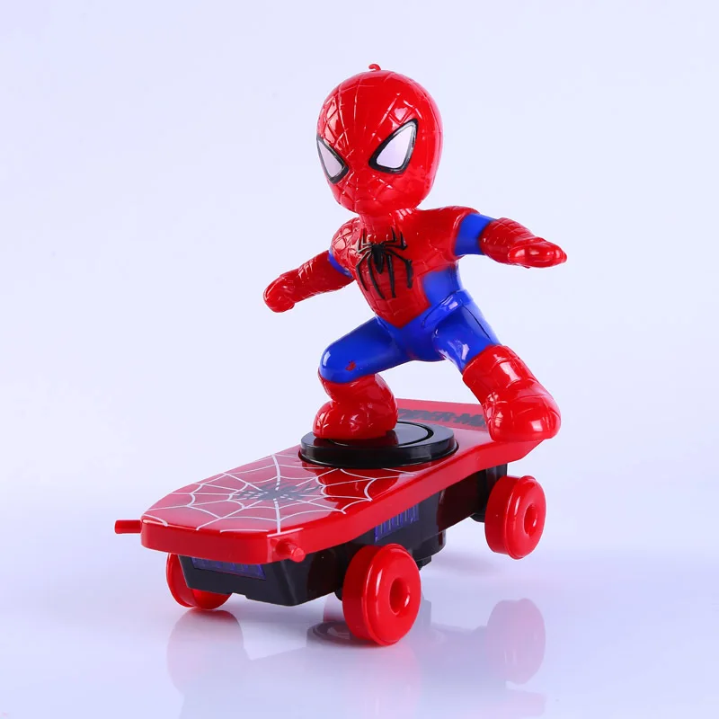 Automatic rotation Electric Skateboard spiderman Dance Robot Electronic Walking Toys With Music Light Kids Toy