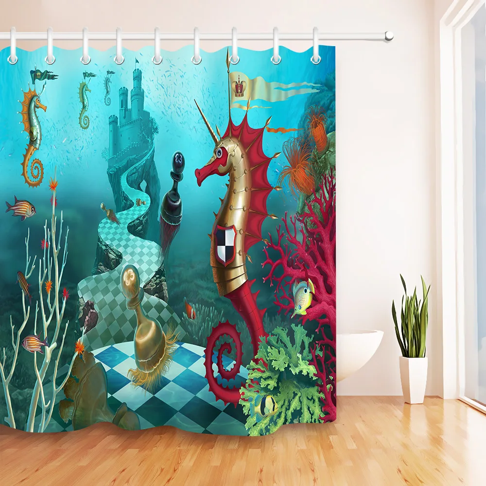 

3D Cartoon Shower Curtain Fantastic Chess Knight in the Underwater World Bathroom Waterproof Polyester Fabric for Bathtub Decor