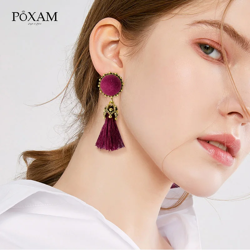 Женские серьги POXAM капельки с кисточками из красного хлопка и шелка