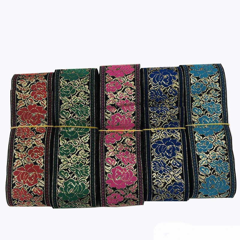 

Five New Styles 2 inch 50MM 10YARD Woven Jacquard Ribbon Gold thread embroidery ornate peony Handmade Accessories