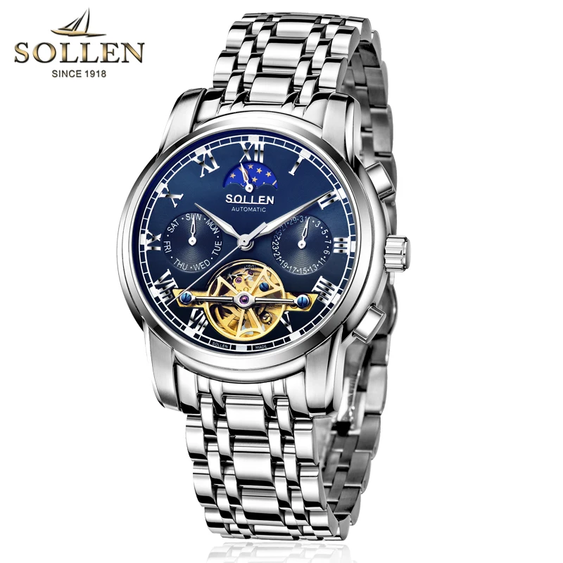 SOLLEN Скелет Tourbillon фазы Луны часы Нержавеющая сталь Водонепроницаемый светящиеся