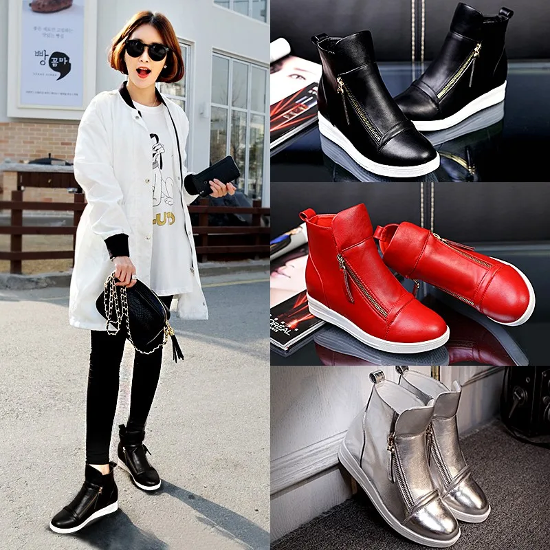 2018 Spring Red Women Ankle Boot Wedges Heels Causal Shoes Woman Leather Black Silver Christmas Botas Mujer Large Size 41 | Обувь