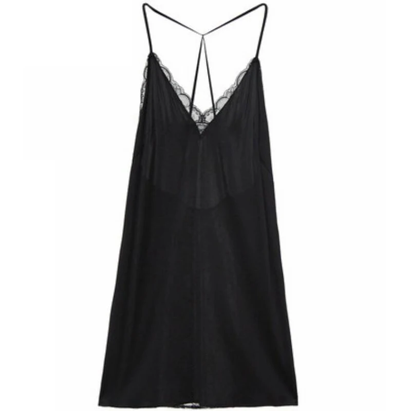 Sexy Genuine Silk Nightdress Female Sleeveless Summer V-Neck Black Lace Nightgowns Real Silk Sleepwear High Quality Clothing