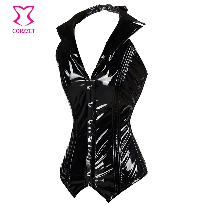 Черный глянцевый корсет из ПВХ в стиле стимпанк кожаный Длинные корсеты и лифы со